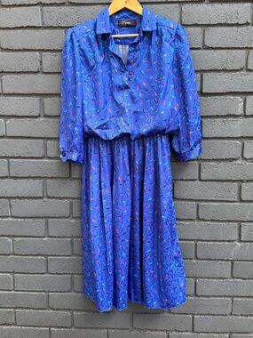 Vintage 1970-1980s Damon II ILGWU Drop Waist Pleated Satin Shinny Blue Secretary